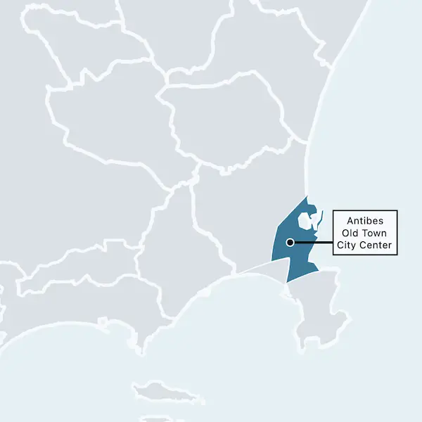 Map of best areas to stay in Antibes highlighting Old Town and central Antibes area