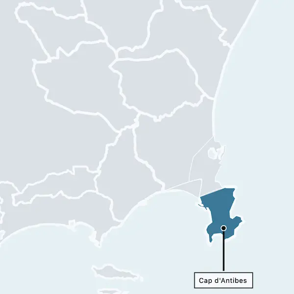 Map of best areas to stay in Antibes highlighting the Cap d’Antibes peninsula