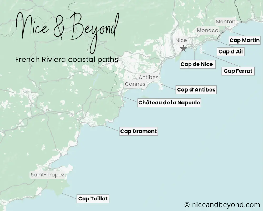 Map of the most scenic French Riviera coastal paths along the Sentier du Littoral