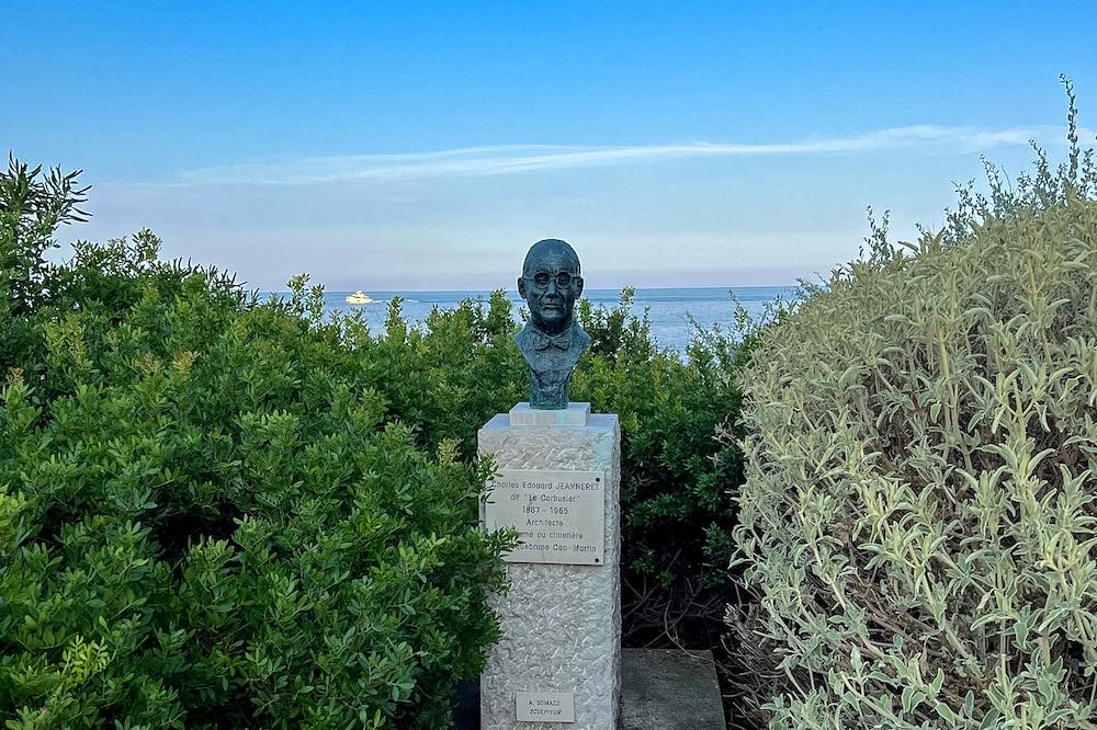 Bust of Le Corbusier marks the trailhead of the Cap Martin coastal walk also known as the Promenade le Corbusier
