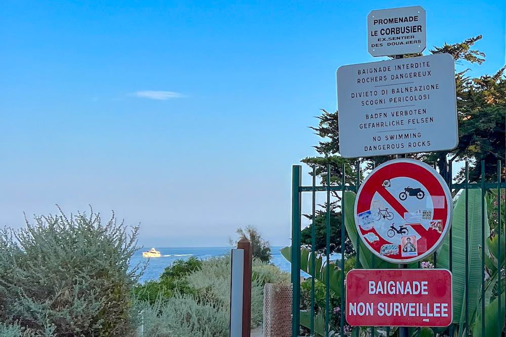Signs at the start of the Le Corbusier walk in Roquebrune-Cap-Martin