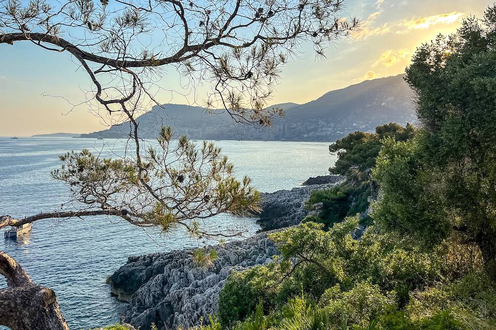 Sunset setting over the verdant surroundings of the Cap Martin coastal walk