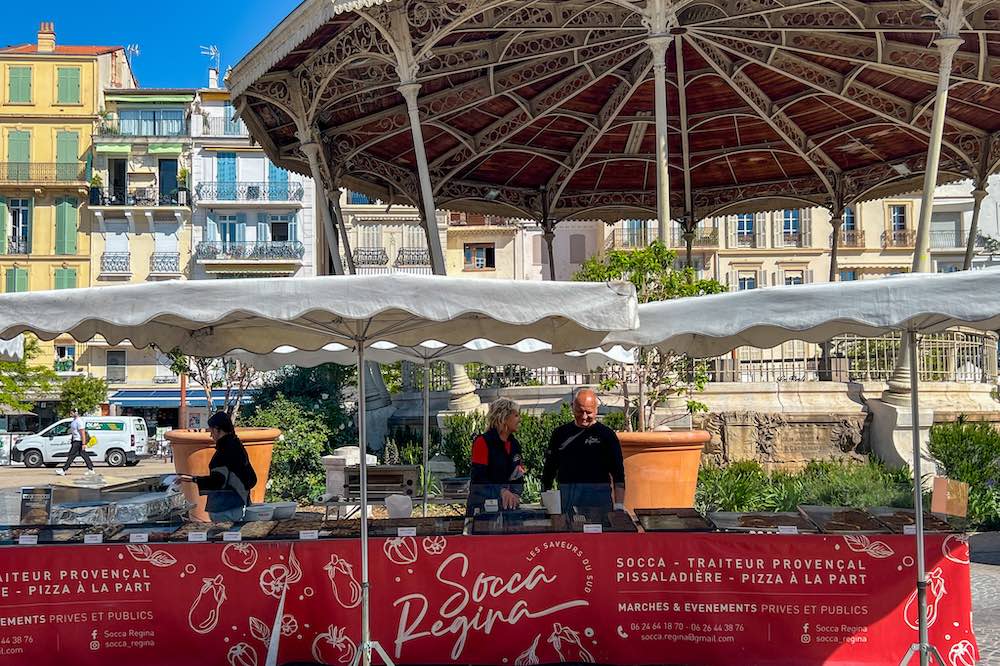 Socca stand at the Cannes market on Rue Felix Faure