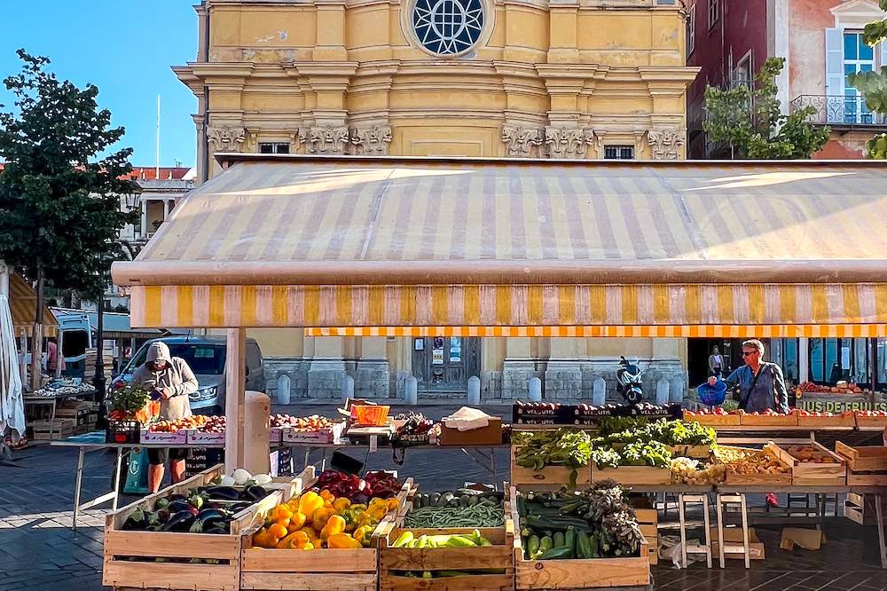 Flower and produce stalls at Cours Saleya Market in Nice