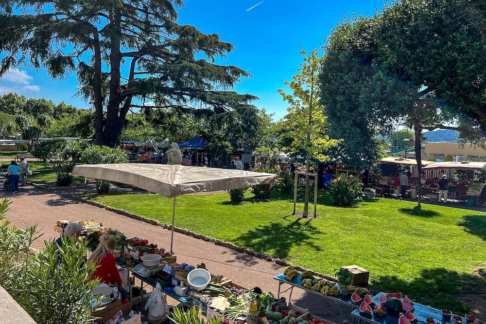 Saturday market in Villefranche-sur-Mer overlooking the bay