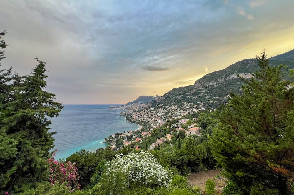 Sunset view from Roquebrune-Cap-Martin overlooking Monaco, Tête de Chien and the Mediterranean Sea