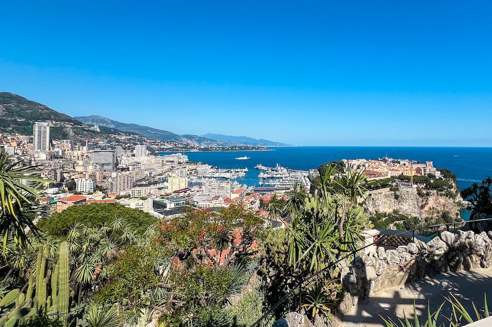 View over Monaco, Monte Carlo, Port Hercule, Le Rocher and Fontvieille from the Jardin Exotique de Monaco