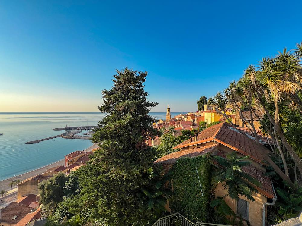 View over Menton Old Town, Saint-Michel Basilica and the Mediterranean from Garavan