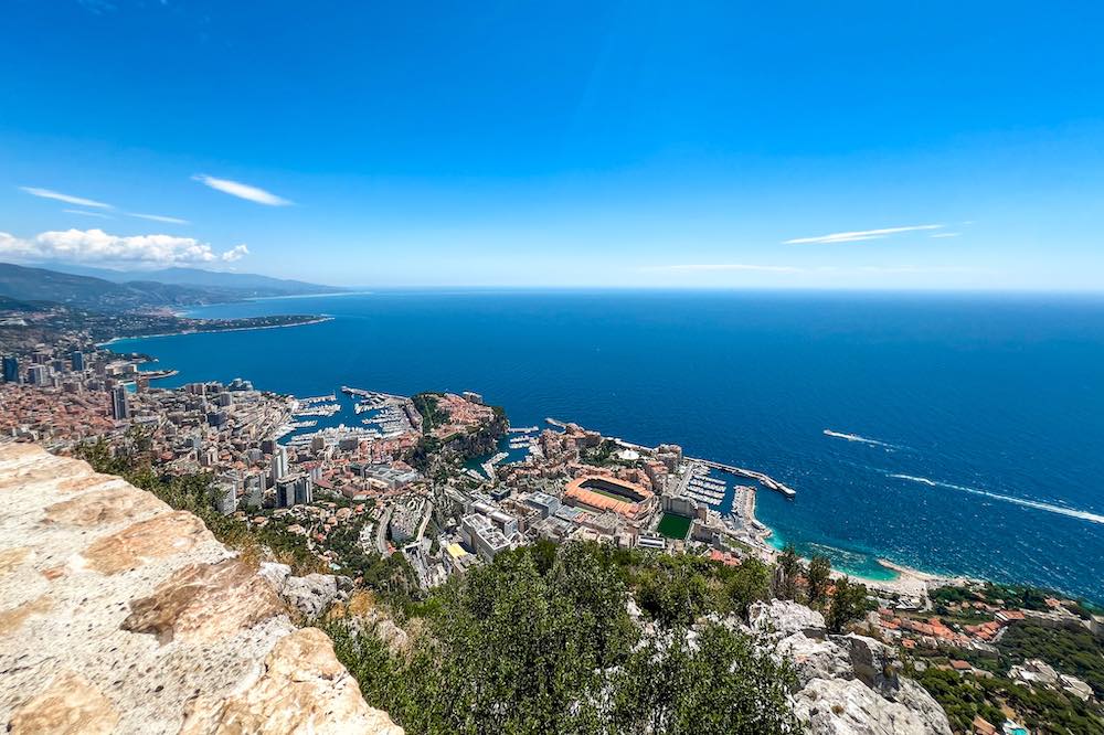 Panoramic view from Tête de Chien above Monaco with Cap Martin, Menton, the Italian border and the Mediterranean coastline