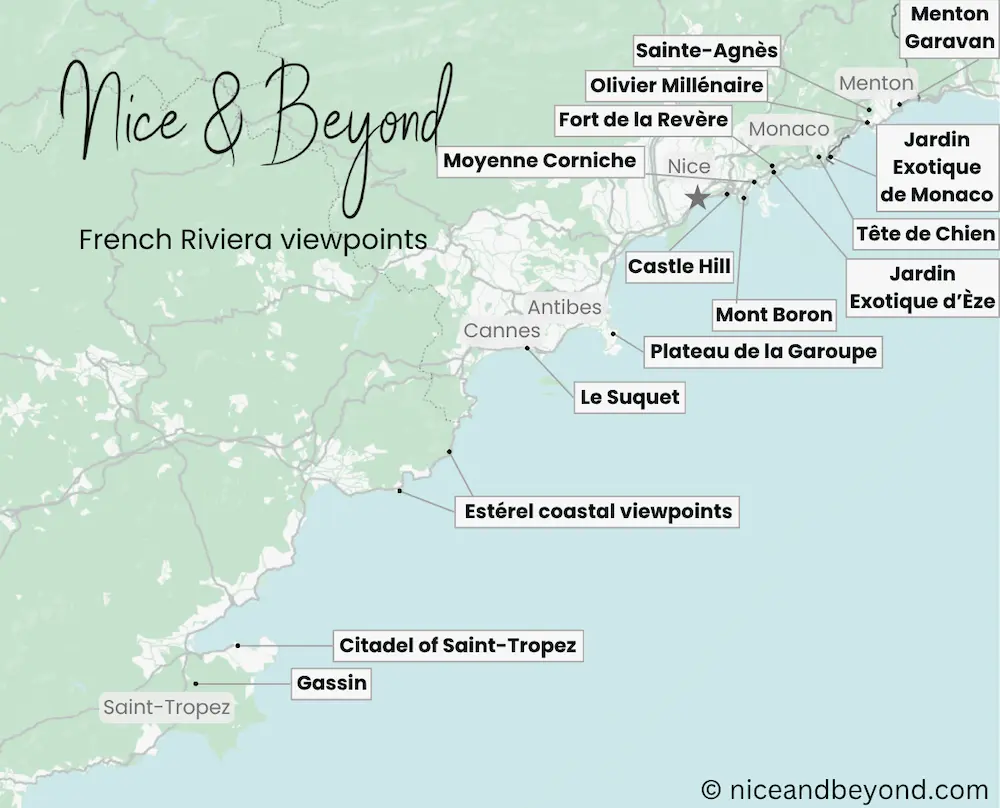 Map showing the locations of the best viewpoints on the French Riviera between Cannes, Nice, Monaco, Menton and Saint-Tropez