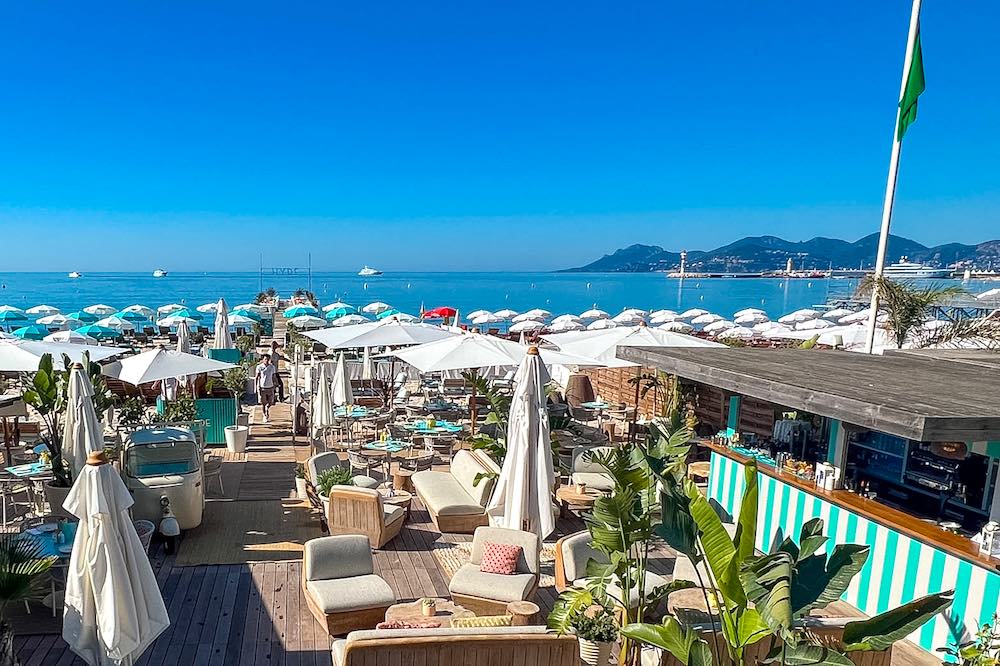 White and turquoise loungers at Hyde Beach club in Cannes